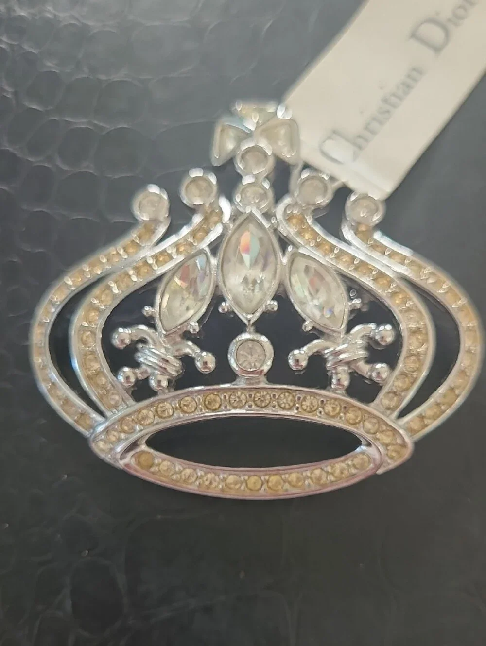 Dior Silver-Tone Crystal Crown Brooch/Pendant with Clear Stones